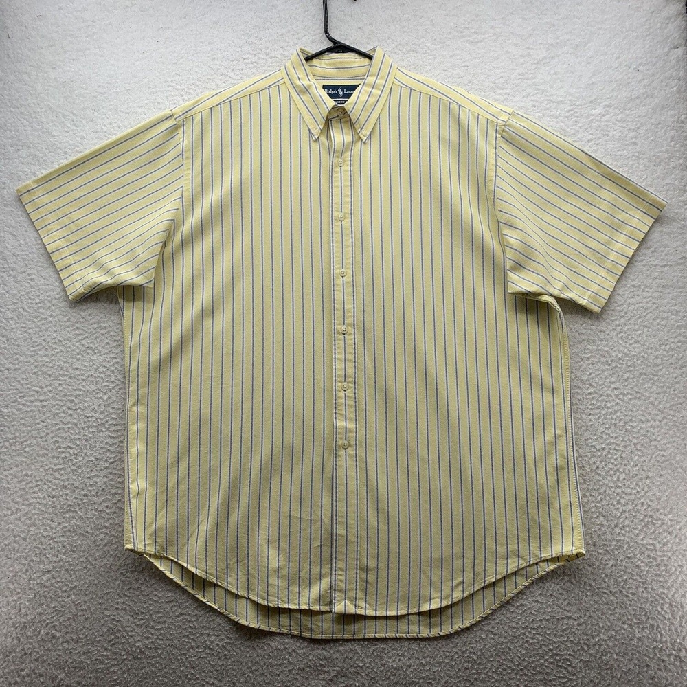 Ralph Lauren Button Up Shirt Mens XL Classic Fit Yellow Blue Striped Preppy Dad